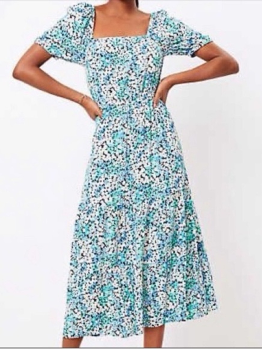 LOFT NWT❗️Floral Square-Neck Midi Dress in Aqua